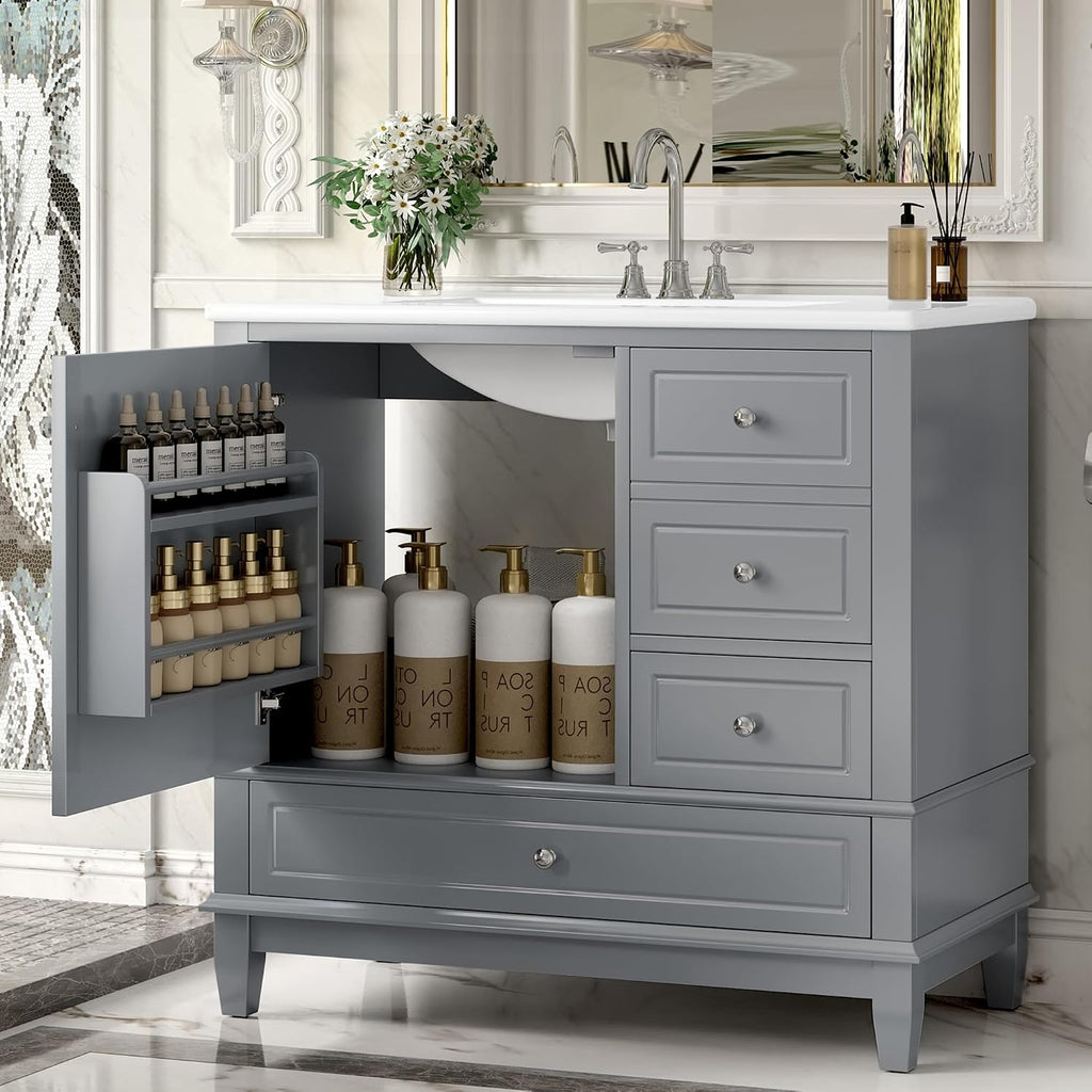 36' Modern Freestanding Bathroom Vanity with Ceramic Sink Top, 3 Drawers & Storage Shelves - MDF & Solid Wood Base