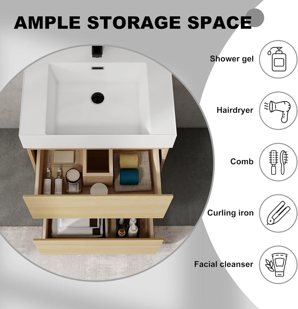 24 Inch Bathroom Vanity with Sink, Freestanding Single Sink Bathroom Vanity with Soft Closed Drawers, Integrated Sink, Engineered Wood Bathroom Sink Vanity (Oak)