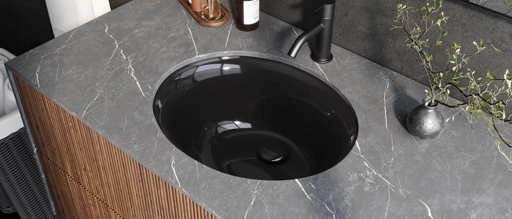 Ruvati 16 x 13 inch Undermount Bathroom Sink Black Oval Porcelain Ceramic with Overflow - RVB0618BK