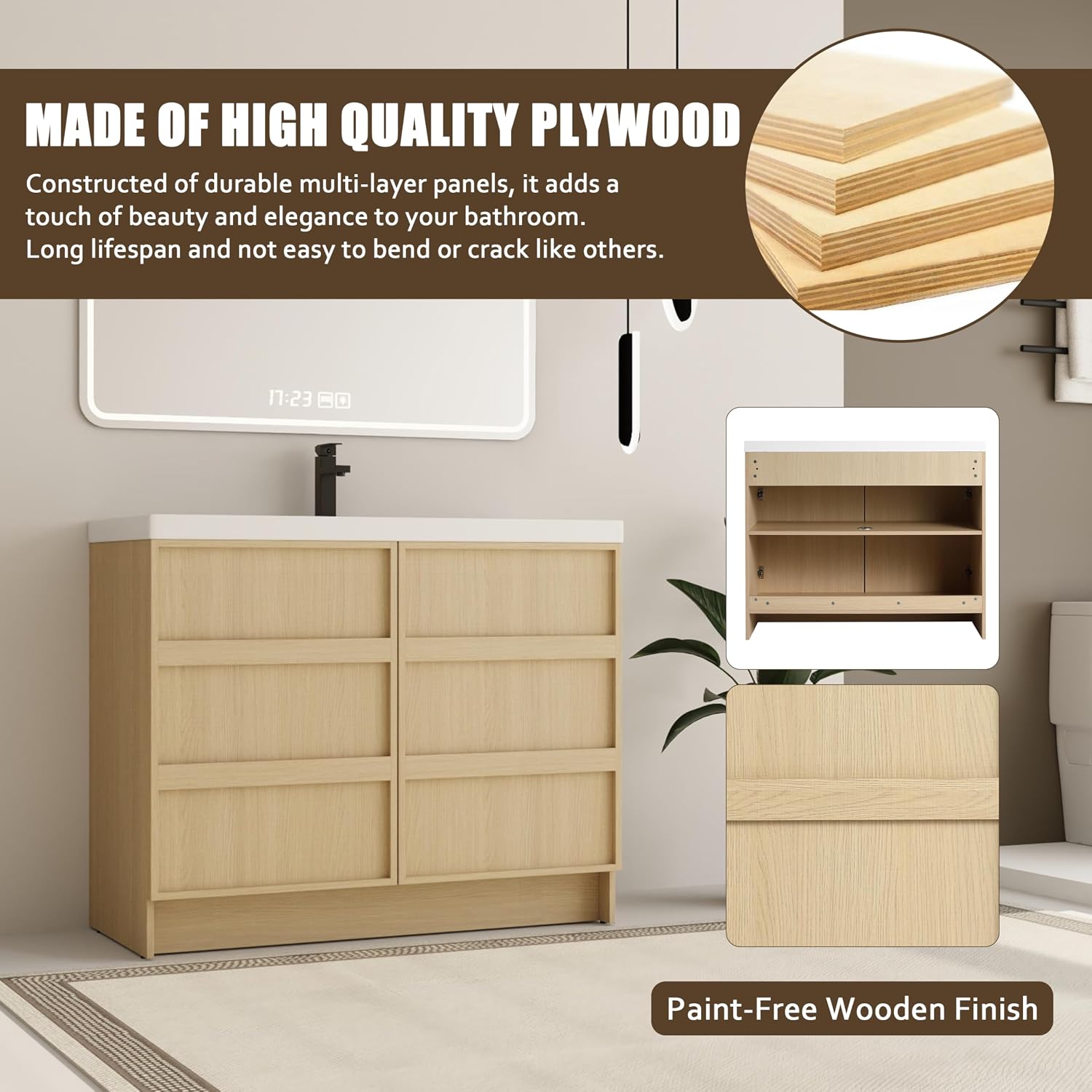 42 Inch Bathroom Vanity with Sink, 42' Freestanding Bathroom Vanity for Large Space, Premium Plywood Wooden Cabinet with 2 Soft Close Doors, Modern Floor Stand Cabinet Set, White Resin Sink Top