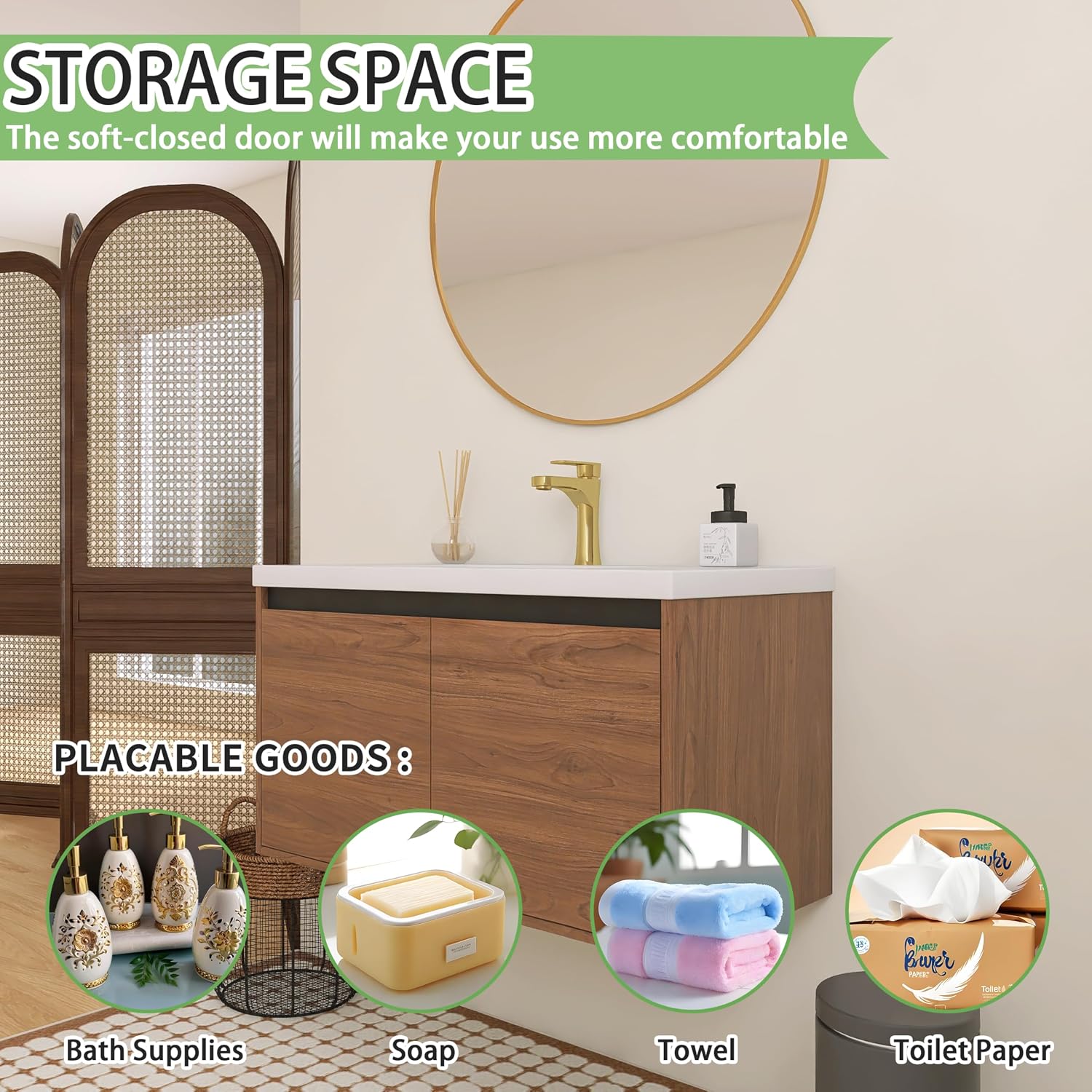 36 inch Bathroom Vanity with Sink, Wall-Mounted Floating Vanity with 2 Soft-Close Doors, Easy Assembly, Engineered Wood in Elegant Brown, Modern Style for Bathroom