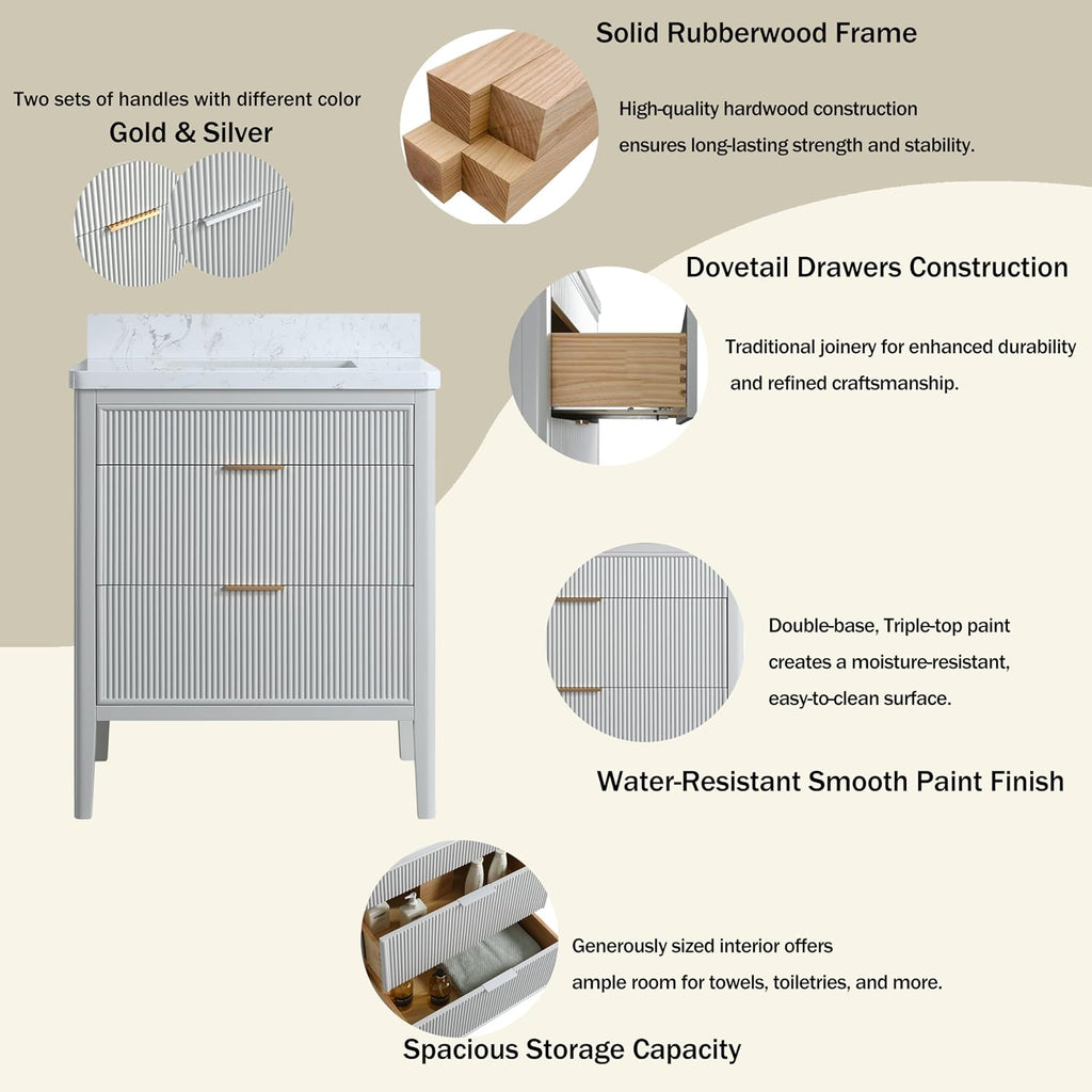 KEIKI 30' Freestanding Bathroom Vanity with Sink,Storage Cabinet with 2 Handle Sets and Engineered Marble Top