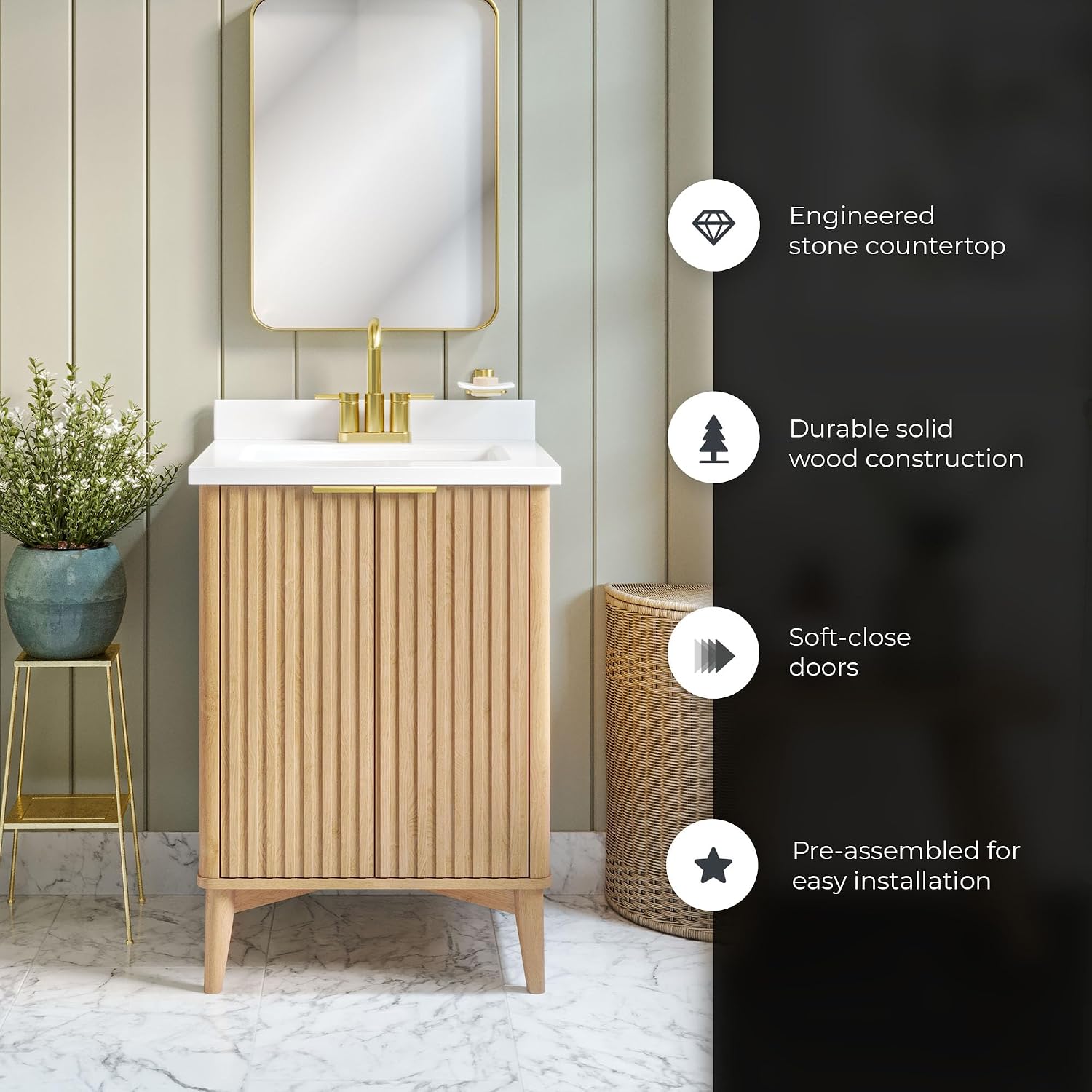OVE Decors Indy 24 in. Undermount Single Sink Bathroom Vanity with White Engineered Marble Top, Rustic Ash