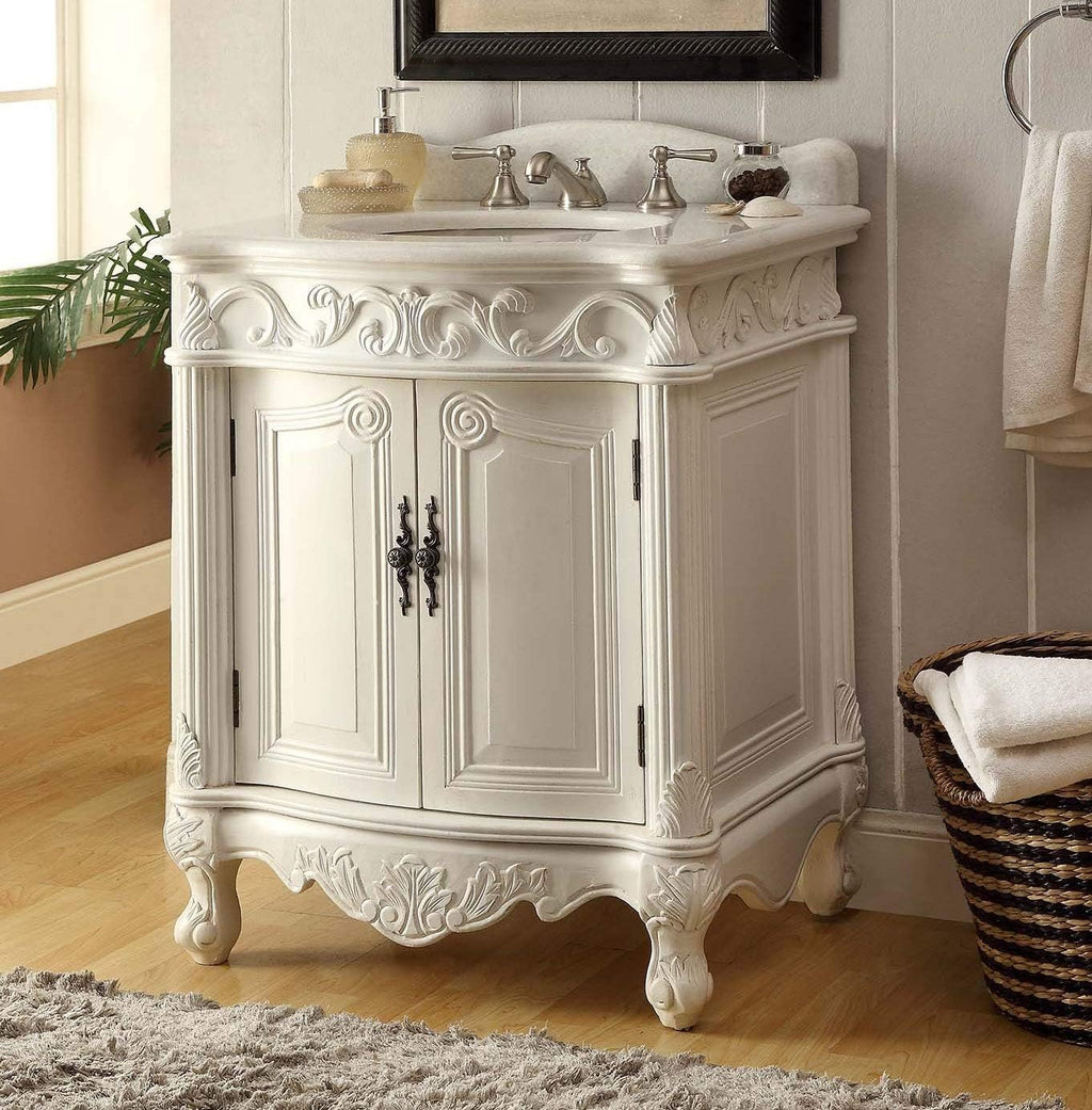 Hayman 27' Antique Style Single Sink Bathroom Vanity, Antique White Finish, Fully Assembled Cabinet with White Countertop and Undermount Ceramic Sink, 27 Inch Traditional Vanity