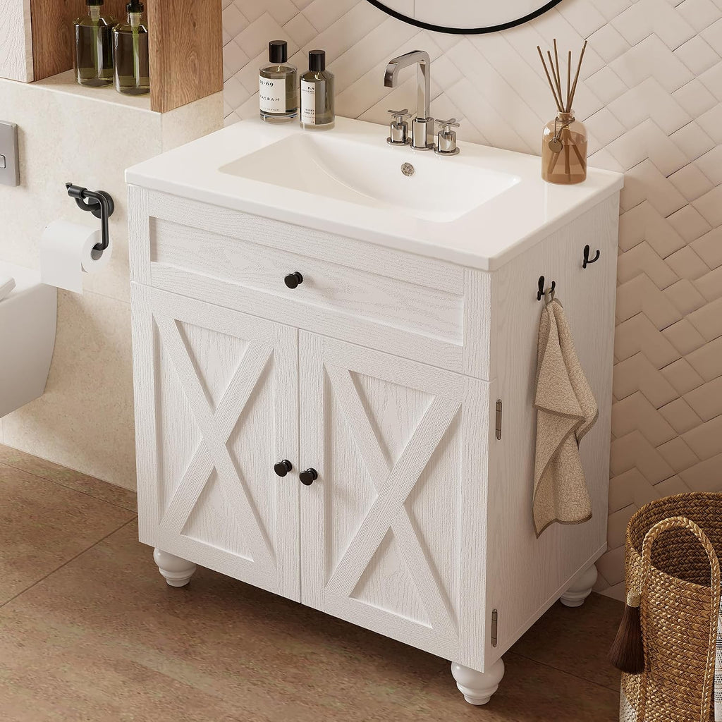 ModernMate 30 Inch Bathroom Vanity with Sink Easy-to-Install Farmhouse Bathroom Sink 2-Tier Storage Areas with Adjustable Shelves 4-Tier Storage Compartments Tip-Out Drawer 2 Hooks Solid Wood Legs