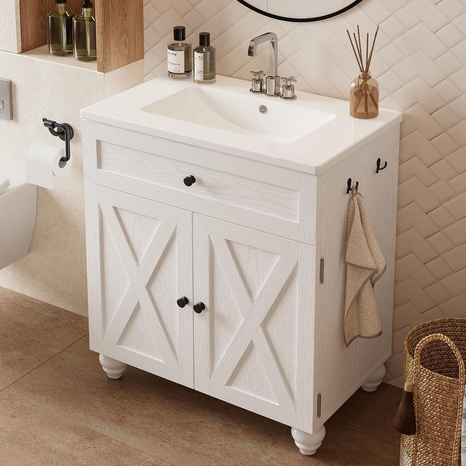 ModernMate 30 Inch Bathroom Vanity with Sink Easy-to-Install Farmhouse Bathroom Sink 2-Tier Storage Areas with Adjustable Shelves 4-Tier Storage Compartments Tip-Out Drawer 2 Hooks Solid Wood Legs