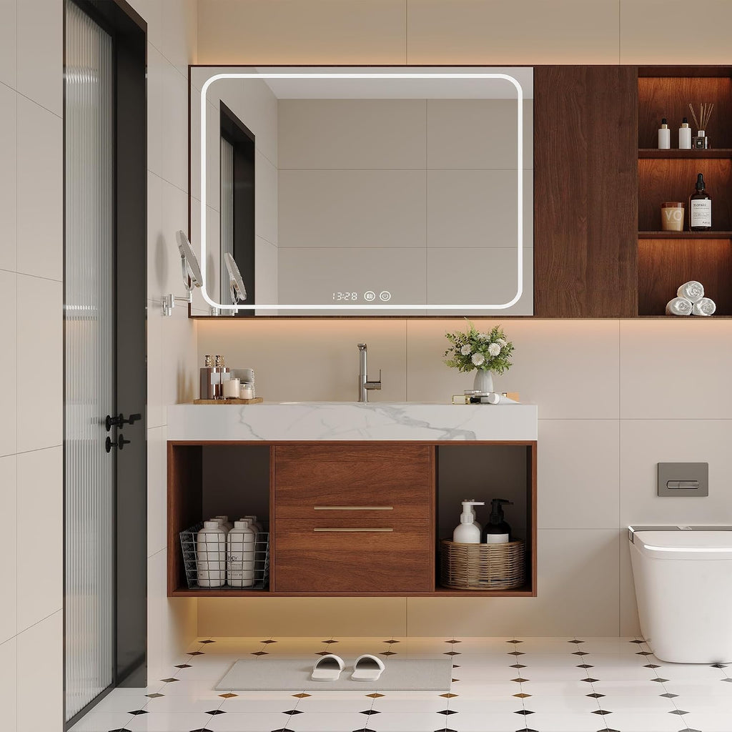 40' Bathroom Vanity with Sink Set, Modern Wall Mounted Bathroom Vanity Cabinet with Sintered Stone Top&Gold Handle 2 Drawers&2 Open Storage, Single Sink Floating Bathroom Vanities,Walnut