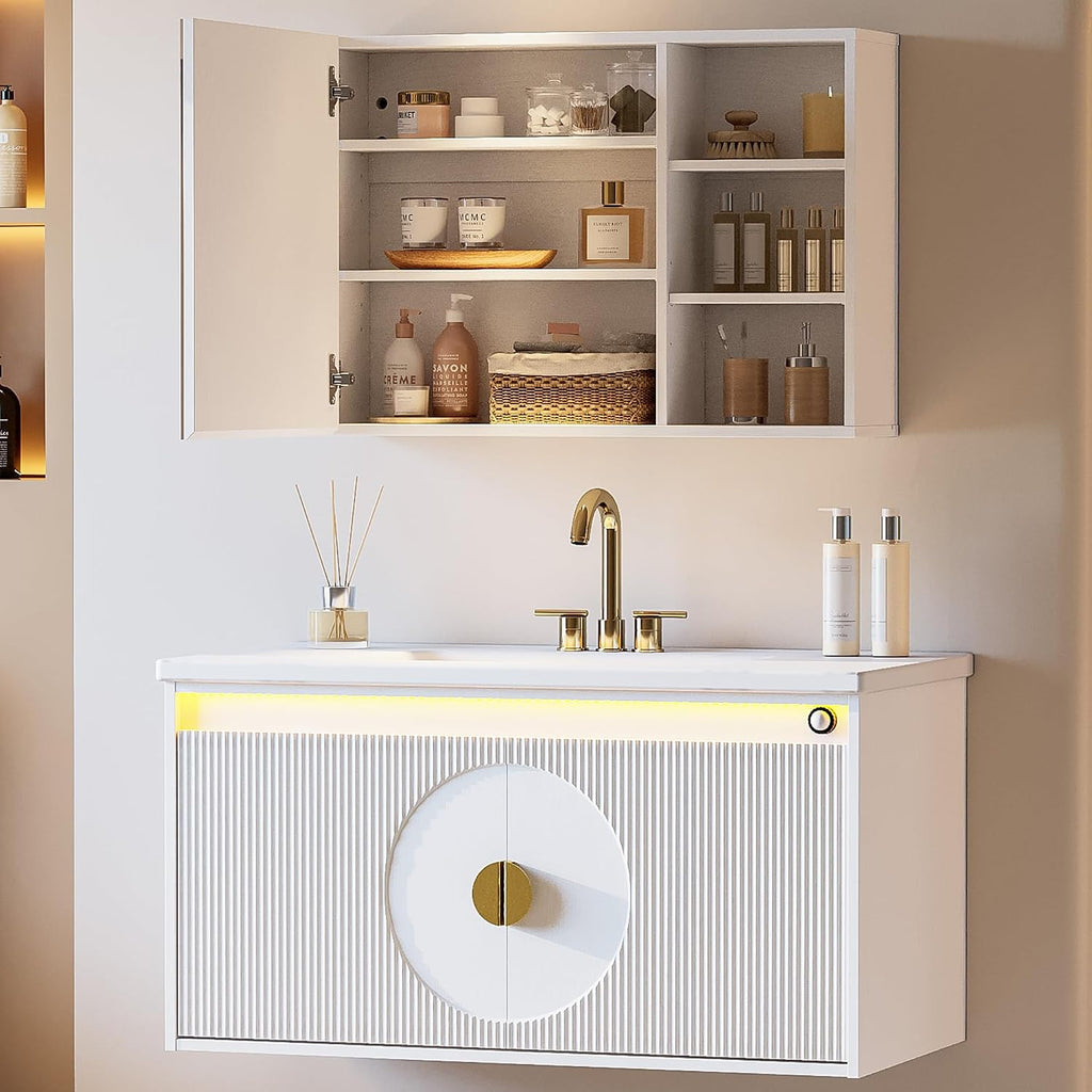 IRONCK Floating Bathroom Vanity with Sink, Mirror Medicine Cabinet, LED Strip Light, 36 Inches Modern Wall Mounted Sink Cabinets & Mirror Cabinets Set with Large Storage Space, White