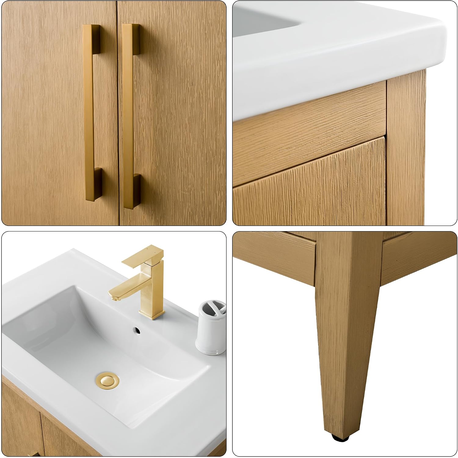 HOMEBEYOND 30 Inch Bathroom Vanities with Sink & Ceramic Top, Single Vanity Cabinet with Basin, Solid Wood Frame, Soft-Closing Doors & Golden Brushed Hardware, Natural Oak