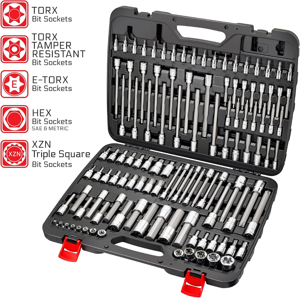 CARBYNE 114-Piece Master Metric & SAE Hex (Allen), Torx and XZN Triple Square Bit Socket Set | S2 Steel Bits, CrV Steel Sockets, Corrosion Resistance, Durable Case | 1/4', 3/8' & 1/2' Dr.