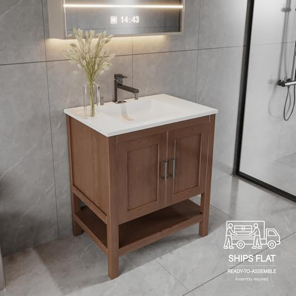 30' Bathroom Vanity Base – Freestanding Solid Wood Cabinet with Open Shelf, Soft-Close Doors, Natural Wood Finish, Sink Base Cabinet Only (No Top)