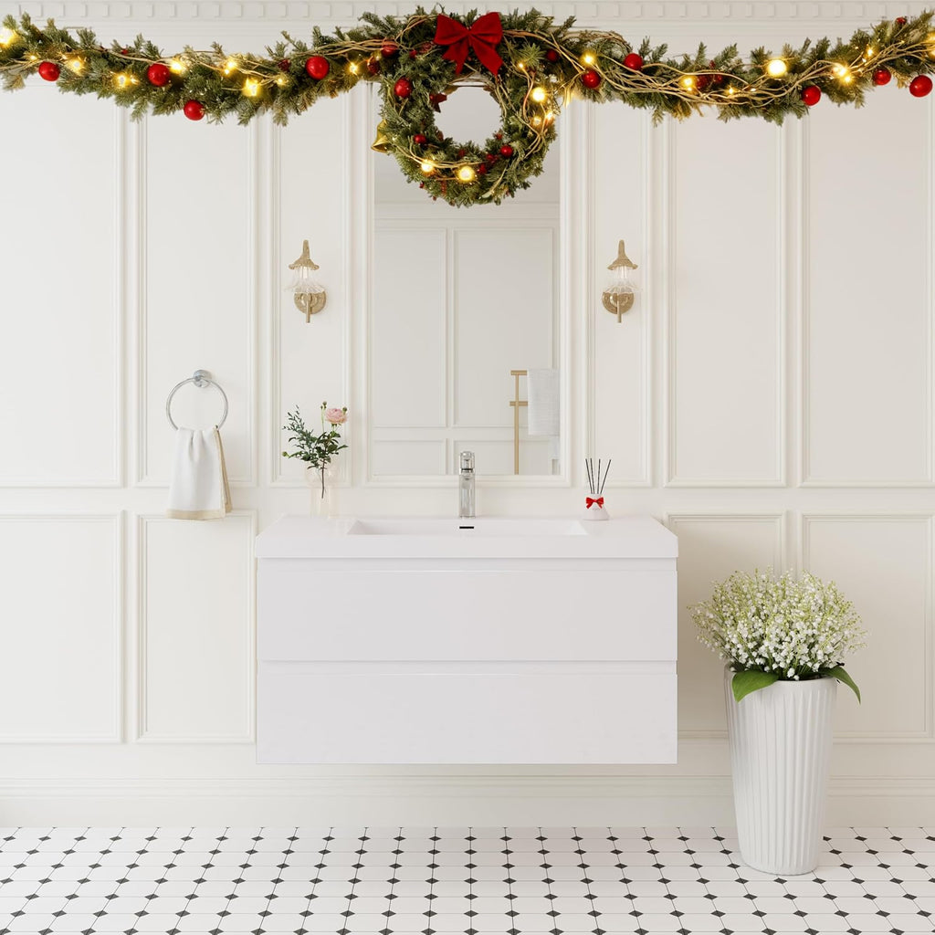 42' Floating Bathroom Vanity with Sink, Wall Mounted Bathroom Cabinet with Solid Surface Top and Soft Close Drawers, Glossy White (No Assembly Required)