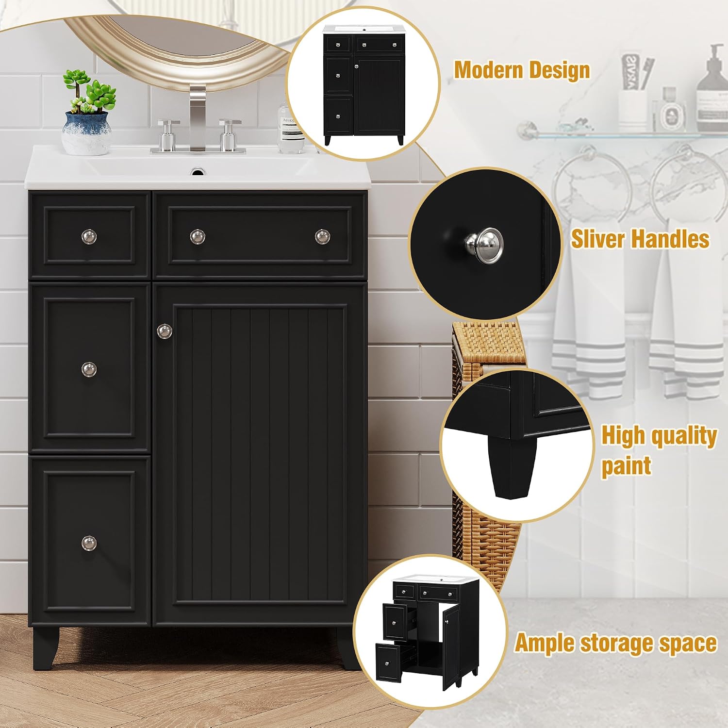 24-inch Bathroom Vanity with Sink Combo Set, Free-Standing Single Storage Cabinet with 2 Drawers and Single Door, Vanity with Ceramic Basin for Bathroom (Black)