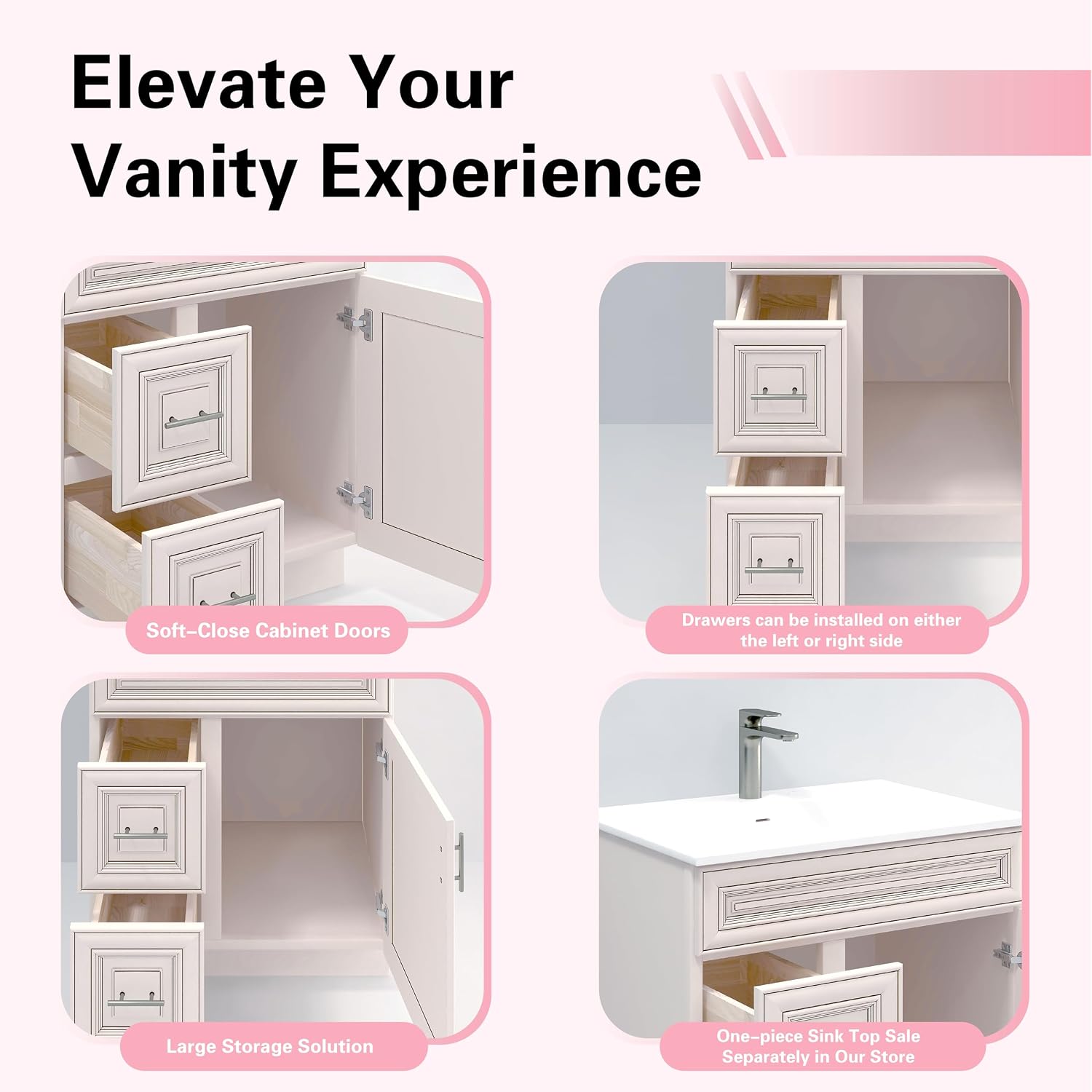30' Shaker Bathroom Vanity Sink Base with Drawers (Ready-to-Assemble) (Antique White Vanity Base)