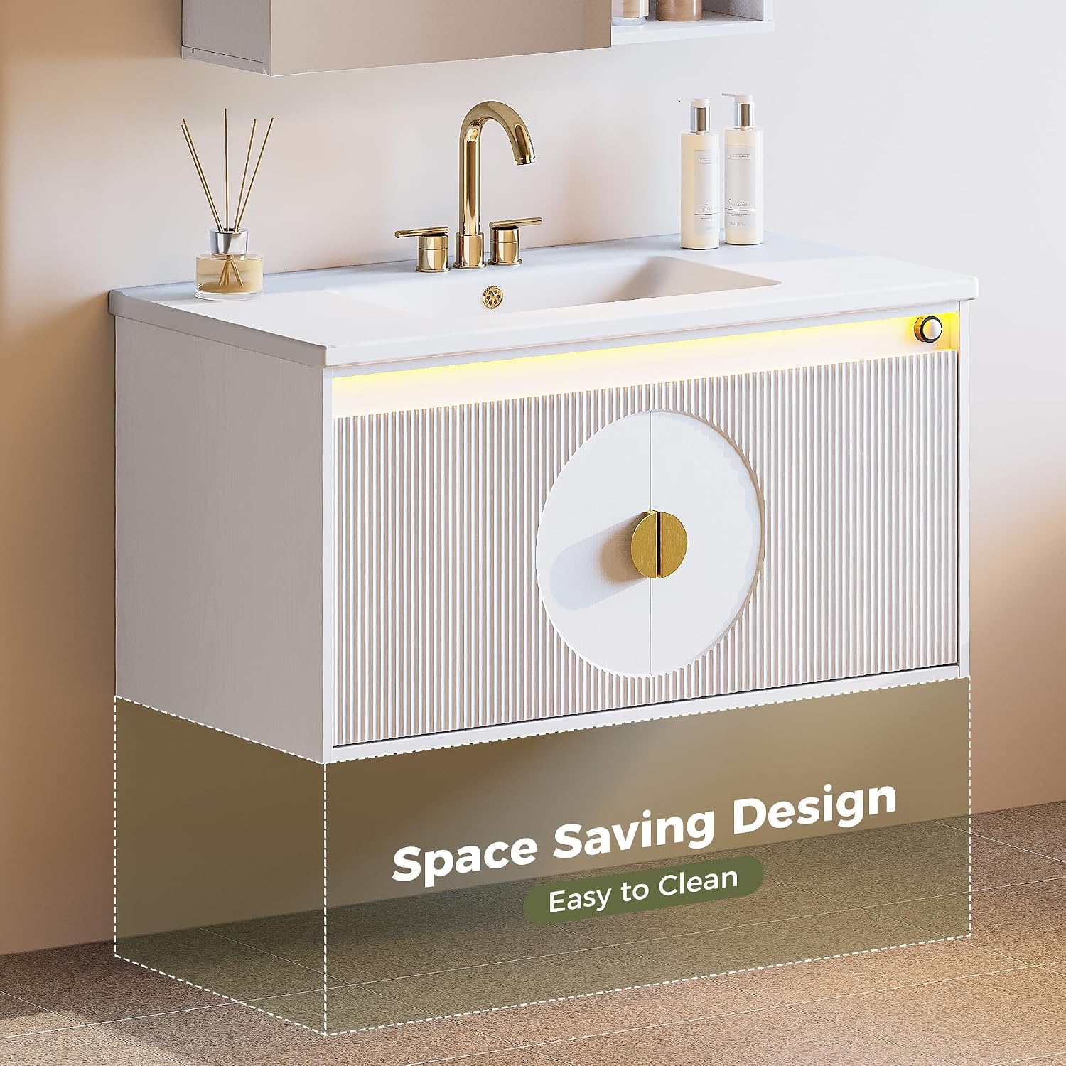 IRONCK Floating Bathroom Vanity with Sink, Mirror Medicine Cabinet, LED Strip Light, 36 Inches Modern Wall Mounted Sink Cabinets & Mirror Cabinets Set with Large Storage Space, White