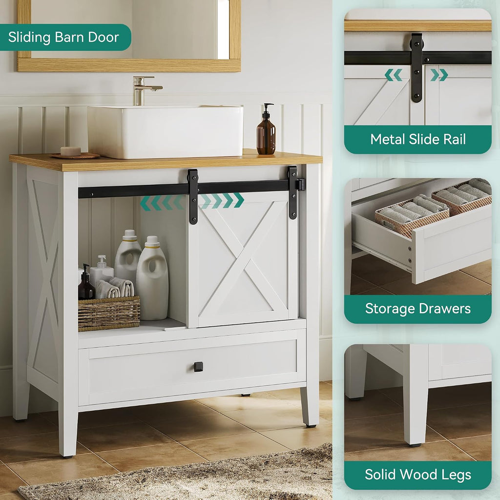 DWVO 36' Farmhouse Bathroom Vanity with Sink Combo, Barn Door Bathroom Storage Cabinet with Sliding Door & 3 Drawers, Ceramic Vessel Sink Top, White