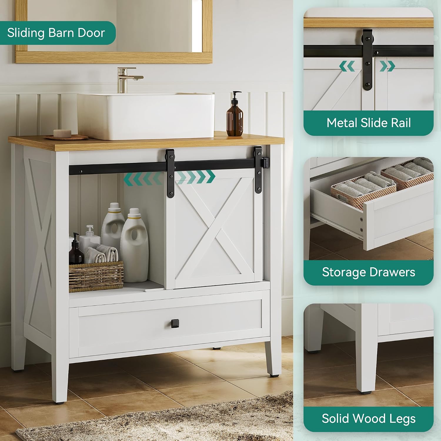 DWVO 36' Farmhouse Bathroom Vanity with Sink Combo, Barn Door Bathroom Storage Cabinet with Sliding Door & 3 Drawers, Ceramic Vessel Sink Top, White
