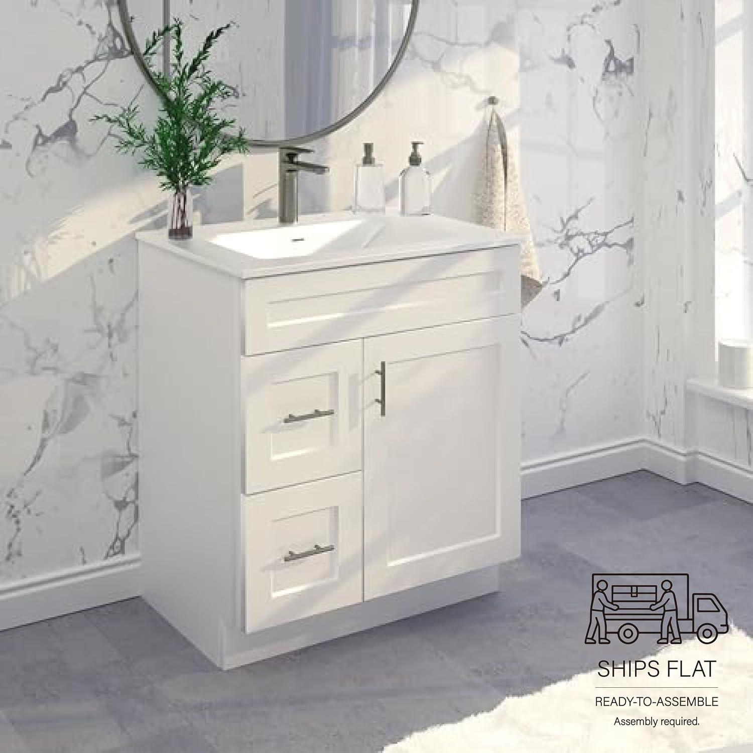 30' Shaker Bathroom Vanity Sink Base with Drawers (Ready-to-Assemble) (Vanity Base in White Shaker)