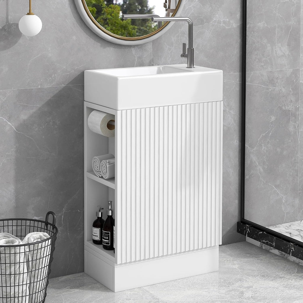 YOPTO 18.6' Bathroom Vanity with Ceramic Sink,Cabinet w/Two-Tier Shelf,Toilet Paper Holder and Shelf,Left or Right Orientation,Practicality & Durability,White