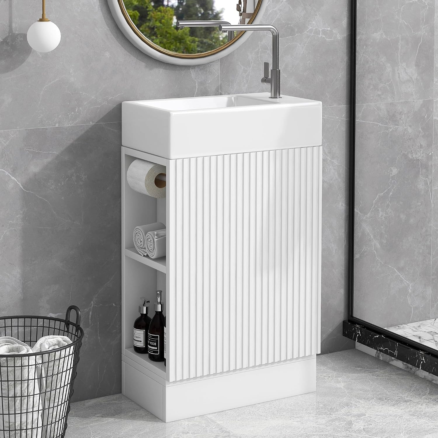 YOPTO 18.6' Bathroom Vanity with Ceramic Sink,Cabinet w/Two-Tier Shelf,Toilet Paper Holder and Shelf,Left or Right Orientation,Practicality & Durability,White