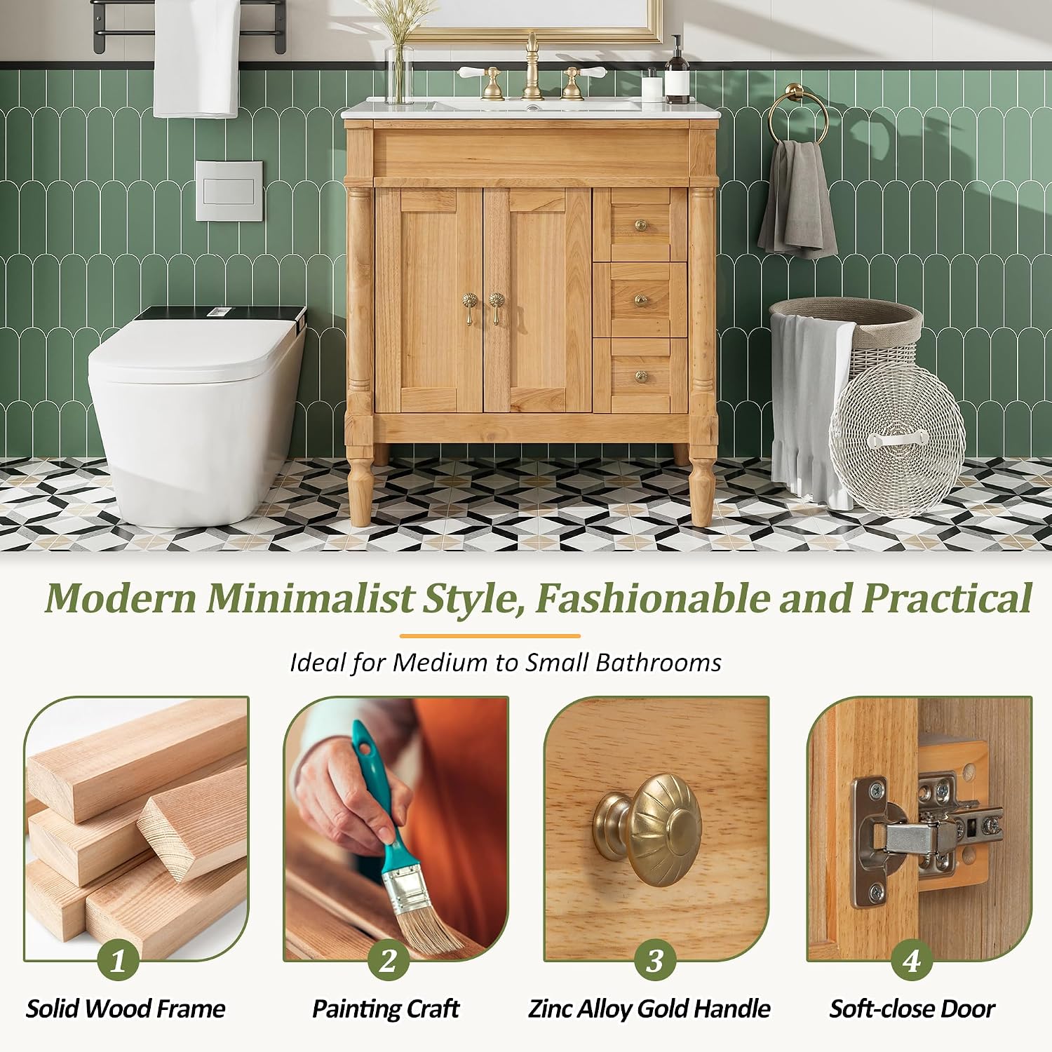 Merax 30' Bathroom Vanity with Sink, 4 Solid Legs, 3 Drawers 2 Doors, Modern Freestanding Wooden Bathroom Cabinet with Undermount Upgraded Ceramic Sink, Quick Assembly, Nature Wood