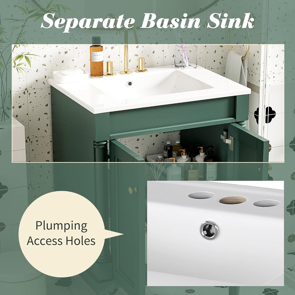 24' Vintage Bathroom Vanity with Sink Mid-Century Bathroom Vanity with 2 Soft-Close Doors & 2-Tier Adjustable Shelf Freestanding Bathroom Storage Cabinet with Roman Column Base & Metal Handles,Green