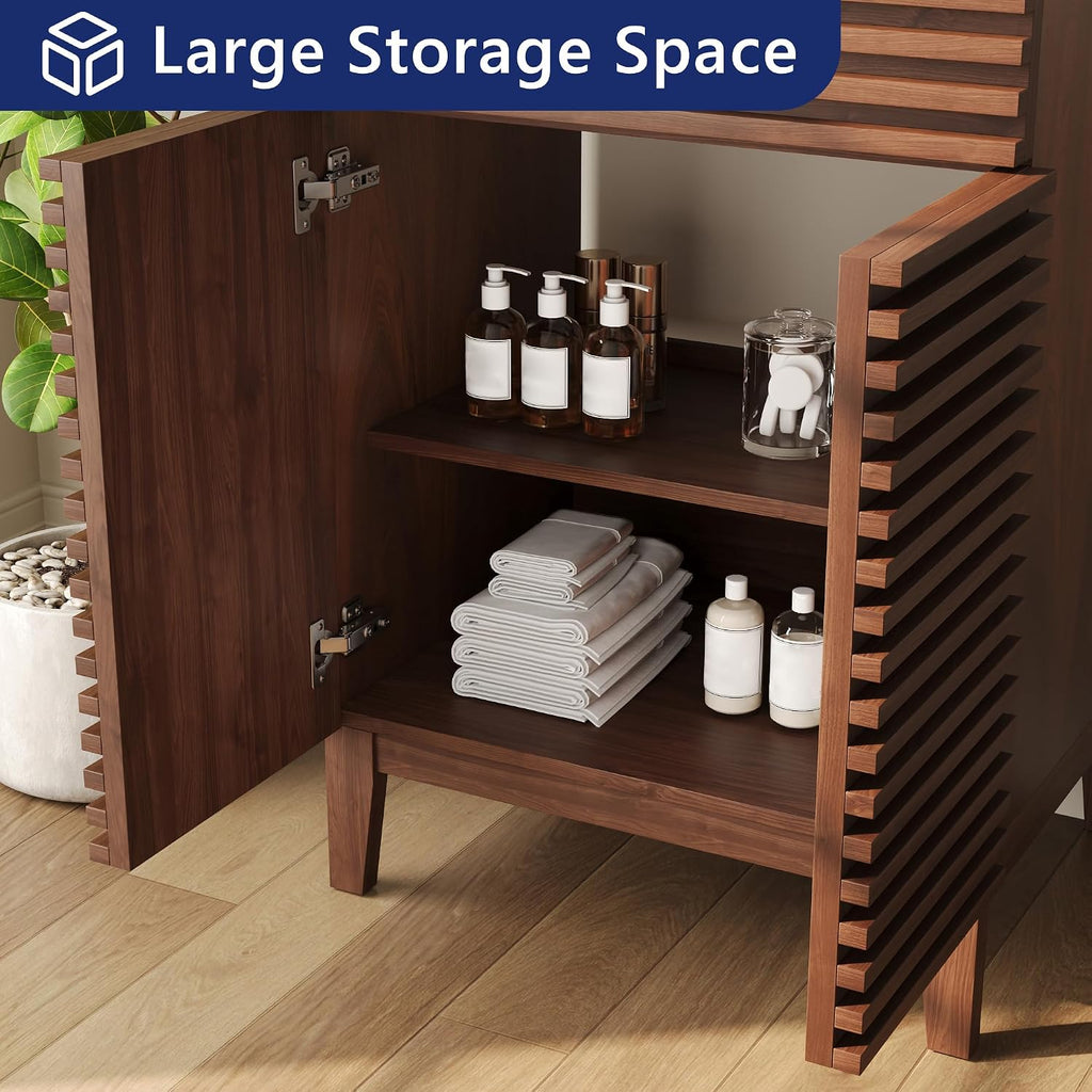 DeerValley 24' Bathroom Vanity with Ceramic Sink Top, Multifunctional Storage Space Vanity, Soft Closing Doors, Pre-Assembled Mid-Century Wood Bathroom Cabinet Sink Combo in Walnut White