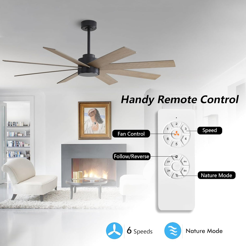 WINGBO 72' Large DC Ceiling Fans without Lights, 3 Downrods, 8 Plywood Blades, 6-Speeds Reversible DC Motor, Indoor Ceiling Fan No Lights for Bedroom Living Room Patio, Black and Gray