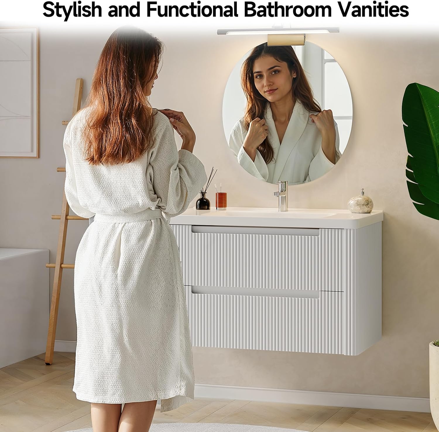 ONBRILL Modern Bathroom Vanity with Sink Combo, Curved Floating Bath Vanity with 2 Drawers, Wall Mount Bathroom Vanities with Integrated Ceramic Sink for Small Space, Apartment (White, 36')