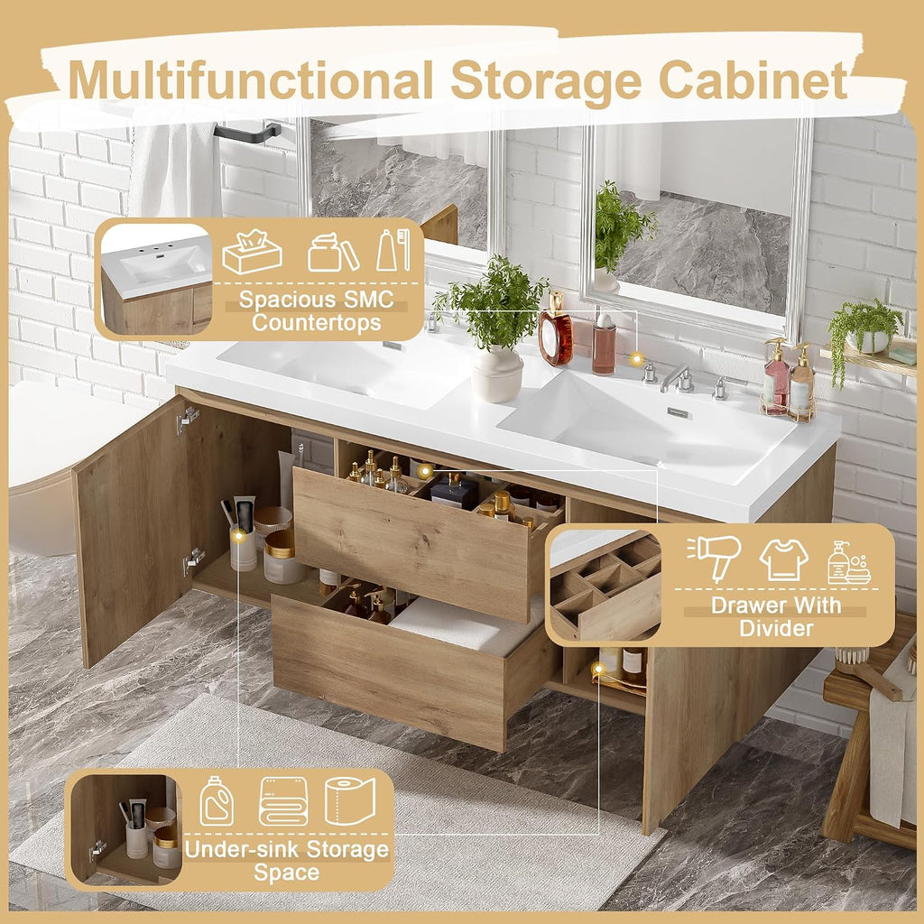 60'' Floating Bathroom Vanity with Sink, Wall-Mounted Cabinet with Drawer & Doors, SMC Resin Top Undermount Basin, Soft-Close, No Handle for Large Bathrooms