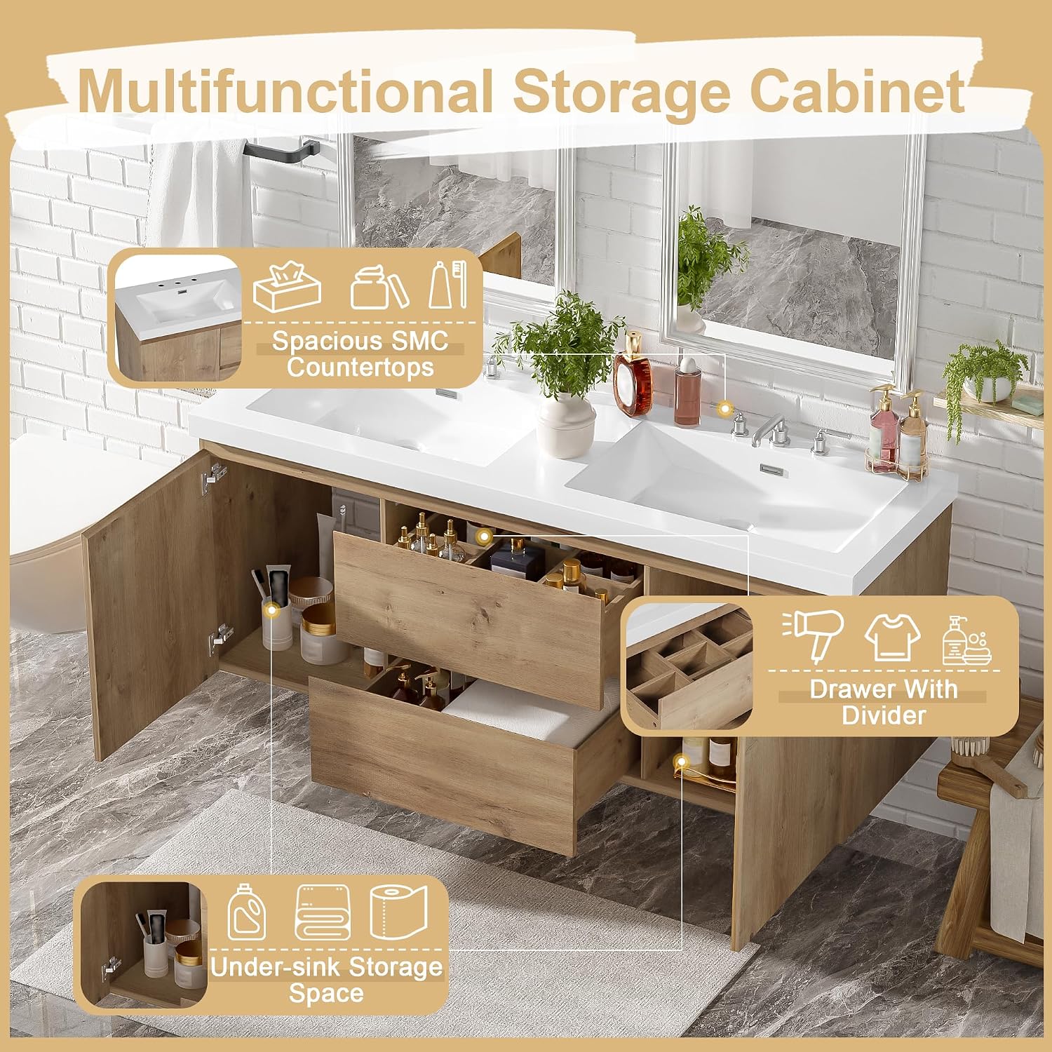 60'' Floating Bathroom Vanity with Sink, Wall-Mounted Cabinet with Drawer & Doors, SMC Resin Top Undermount Basin, Soft-Close, No Handle for Large Bathrooms
