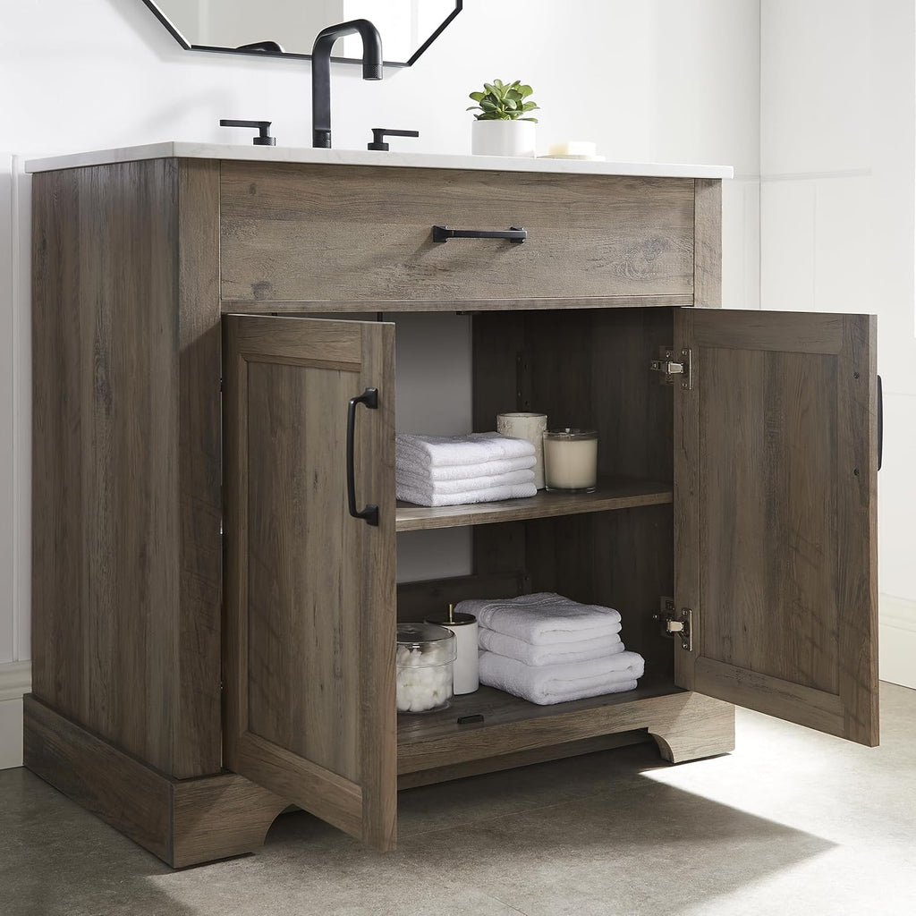 Mia Brown Grey Oak Wood 36-Inch Single Bathroom Vanity with Sink, Double Shaker Door Cabinet, Adjustable Shelf, Matte Black Handles, Pre-Drilled Marbled White Stone Top, Freestanding, Fully Assembled