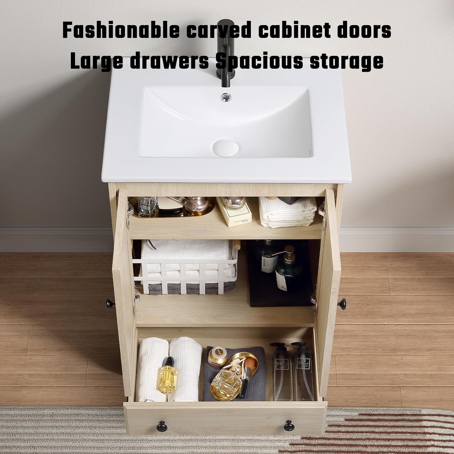 24 inch Bathroom Vanity with Sink, Modern Freestanding Bathroom Vanity Cabinet with Ceramic Sink, Sand Like Texture Cabinet Doors, Soft Closed Drawer, Adjustable Shelf, Easy Assembly