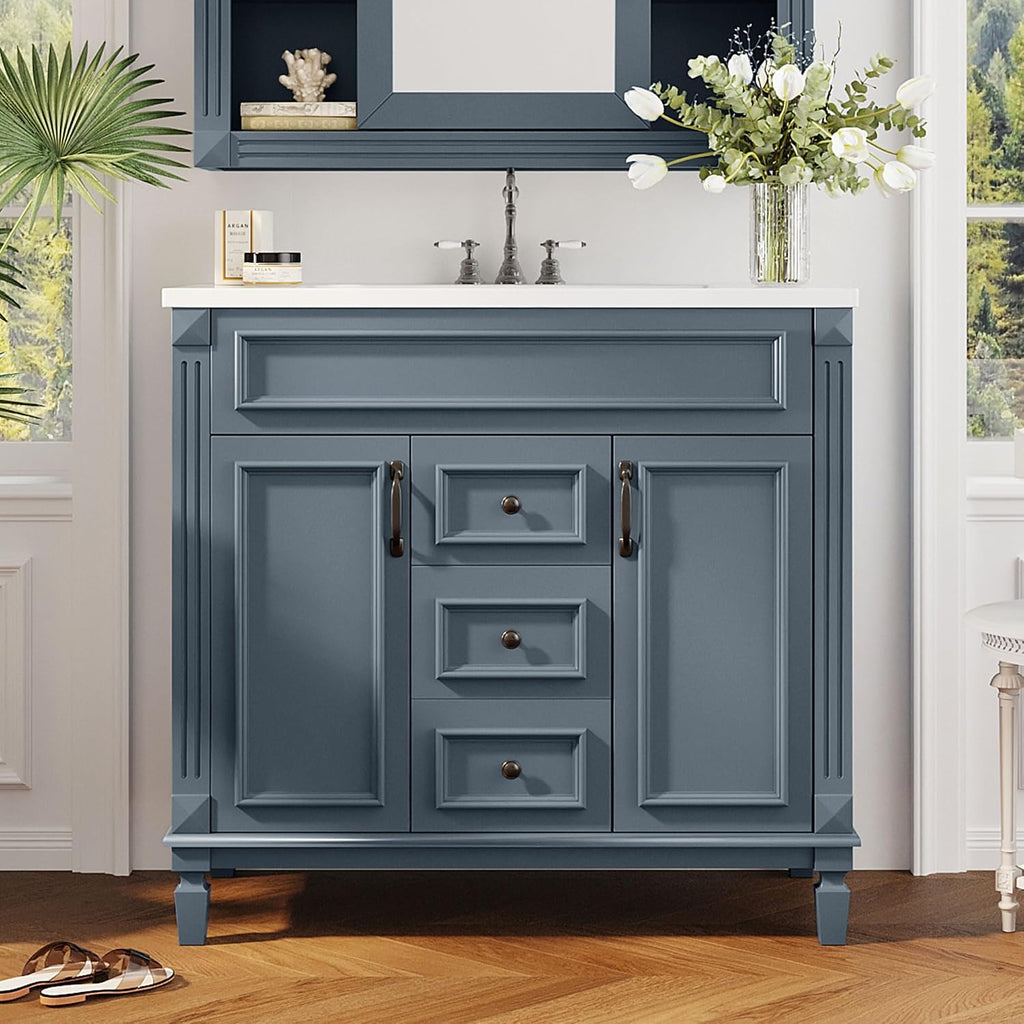 Merax 36' Bathroom Vanities with Single Sink, Modern Undermount Bathroom Sink Cabinet with 3 Closing Doors & 2 Full Extension Dovetail Drawers