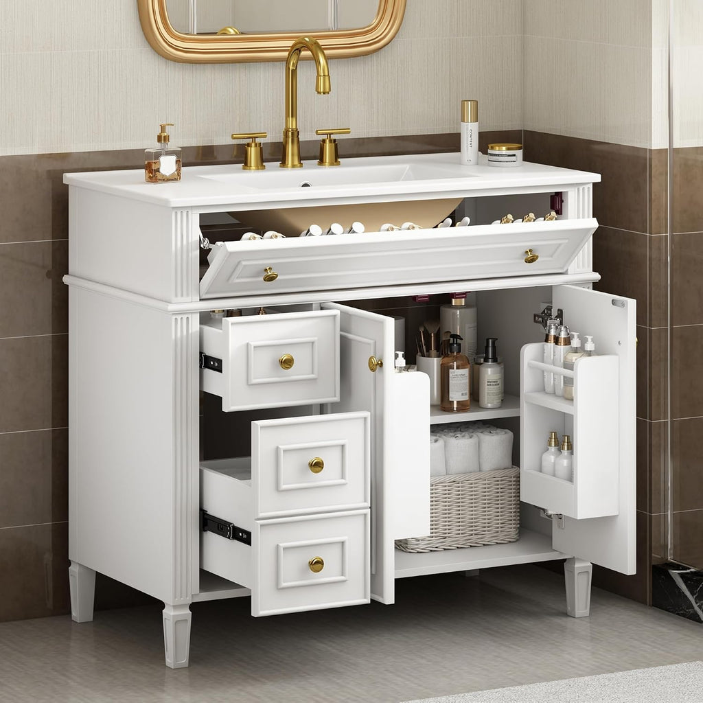 36' Bathroom Vanity Cabinet with Ceramic Countertop Sink Combo Set, Solid Wood Frame, Tilt-Out Drawers and Left Side Drawers, Soft Closing Door Hinges, Modern Style, White