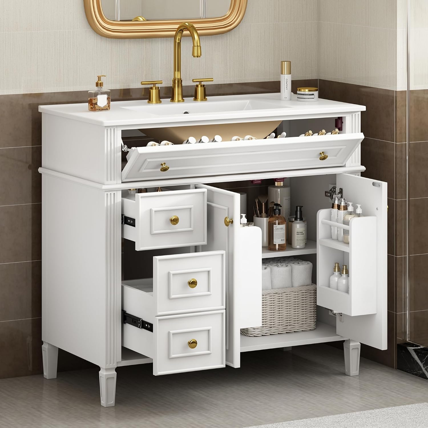 36' Bathroom Vanity Cabinet with Ceramic Countertop Sink Combo Set, Solid Wood Frame, Tilt-Out Drawers and Left Side Drawers, Soft Closing Door Hinges, Modern Style, White