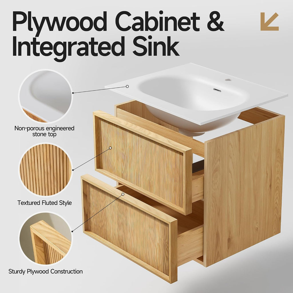 24' Japandi Floating Bathroom Vanity with Sink, Pre-Assembled Japandi Bathroom Sink Vanity, Wall Mounted with Integrated Stone Top and 2 Soft Close Drawers