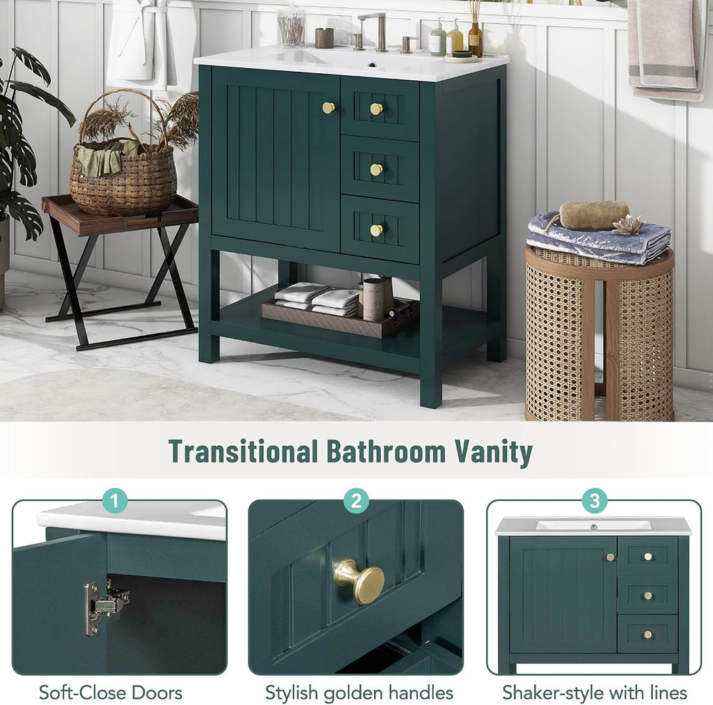 LUMISOL 30' Bathroom Vanity with Sink, Modern Bathroom Storage Vanity with 2 Drawers, Open Shelf & Storage Door, Solid Wood Bathroom Cabinet with Ceramic Sink, Green