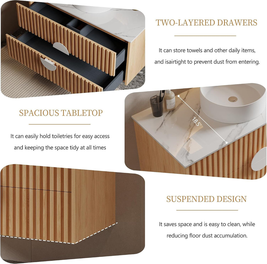 36' Floating Bathroom Vanity with Sink, Modern Wall Mounted Vanity Bathroom Storage Cabinet with Fluted Drawers, White Sintered Stone Top Ceramic Basin, Light Wood