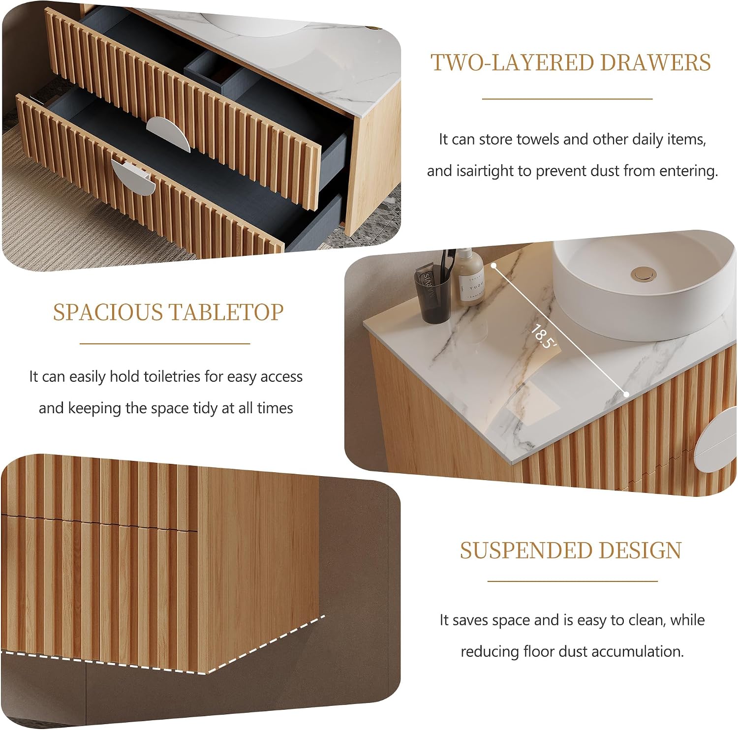 36' Floating Bathroom Vanity with Sink, Modern Wall Mounted Vanity Bathroom Storage Cabinet with Fluted Drawers, White Sintered Stone Top Ceramic Basin, Light Wood