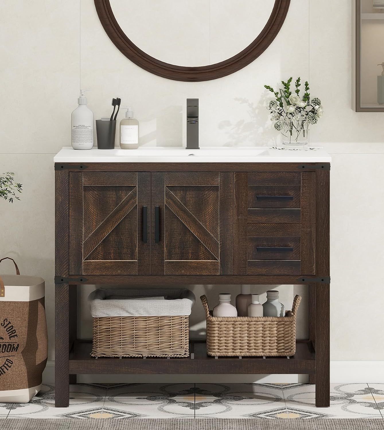 YOURLITE 36' Bathroom Vanity with Sink Combo, Rustic Farmhouse Vanity Cabinet with Under Mount Sink and Faucet, Two Sliding Drawers and Open Shelf, Rustic Brown