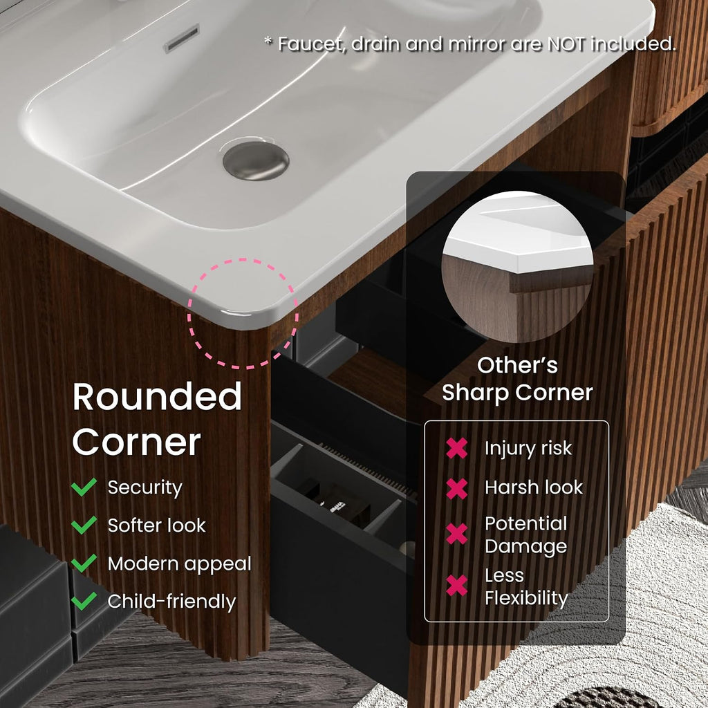 24 Inch Bathroom Vanity with Sink, Modern Floating Vanity with Push Open Drawer, Large Storage for Small Space, Apartment, Hotel, Walnut, Fully Assembled - Camellia Collection