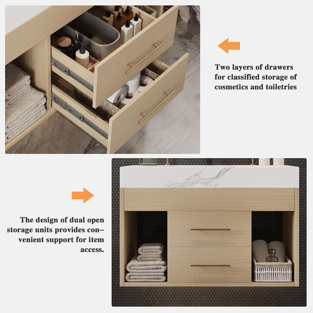 30' Bathroom Vanity with Sink Set, Modern Oak Wall Mounted Bathroom Vanity Cabinet with Sintered Stone Top&Gold Handle 2 Drawers&2 Open Storage, Single Sink Floating Bathroom Vanity