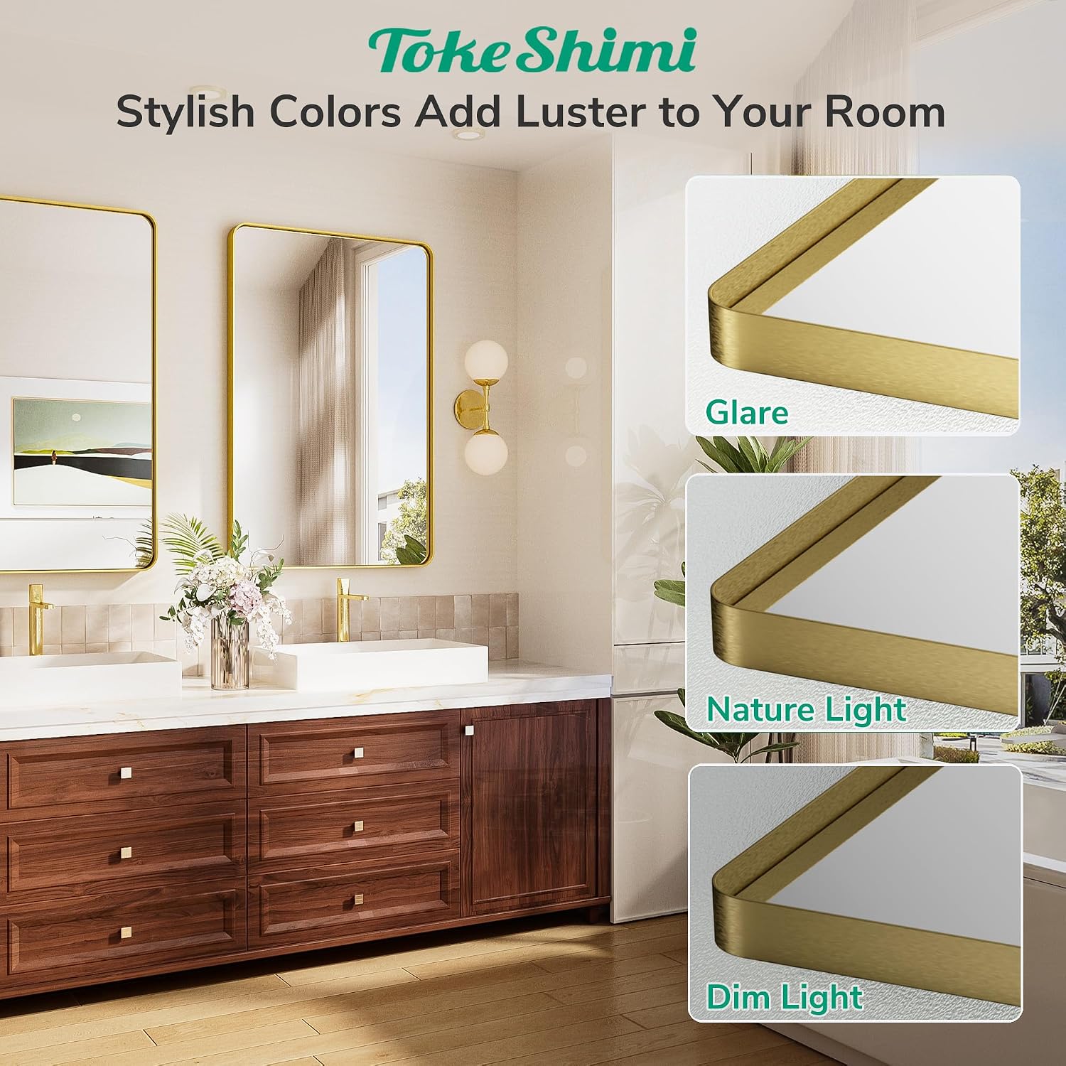 TokeShimi 48x24 Brushed Gold Bathroom Mirror for Over Sink,Bathroom Mirror Rectangle with Tempered Glass,Vanity Mirror with Aluminum Frame(Horizontal/Vertical)