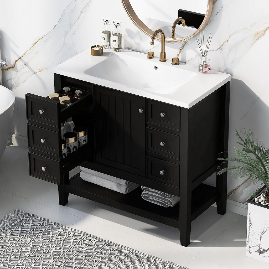 36' Vanity Bathroom Cabinet with Sink Top, Three Multi-Functional Drawers, Open Storage Space, Adjustable Shelf, Black