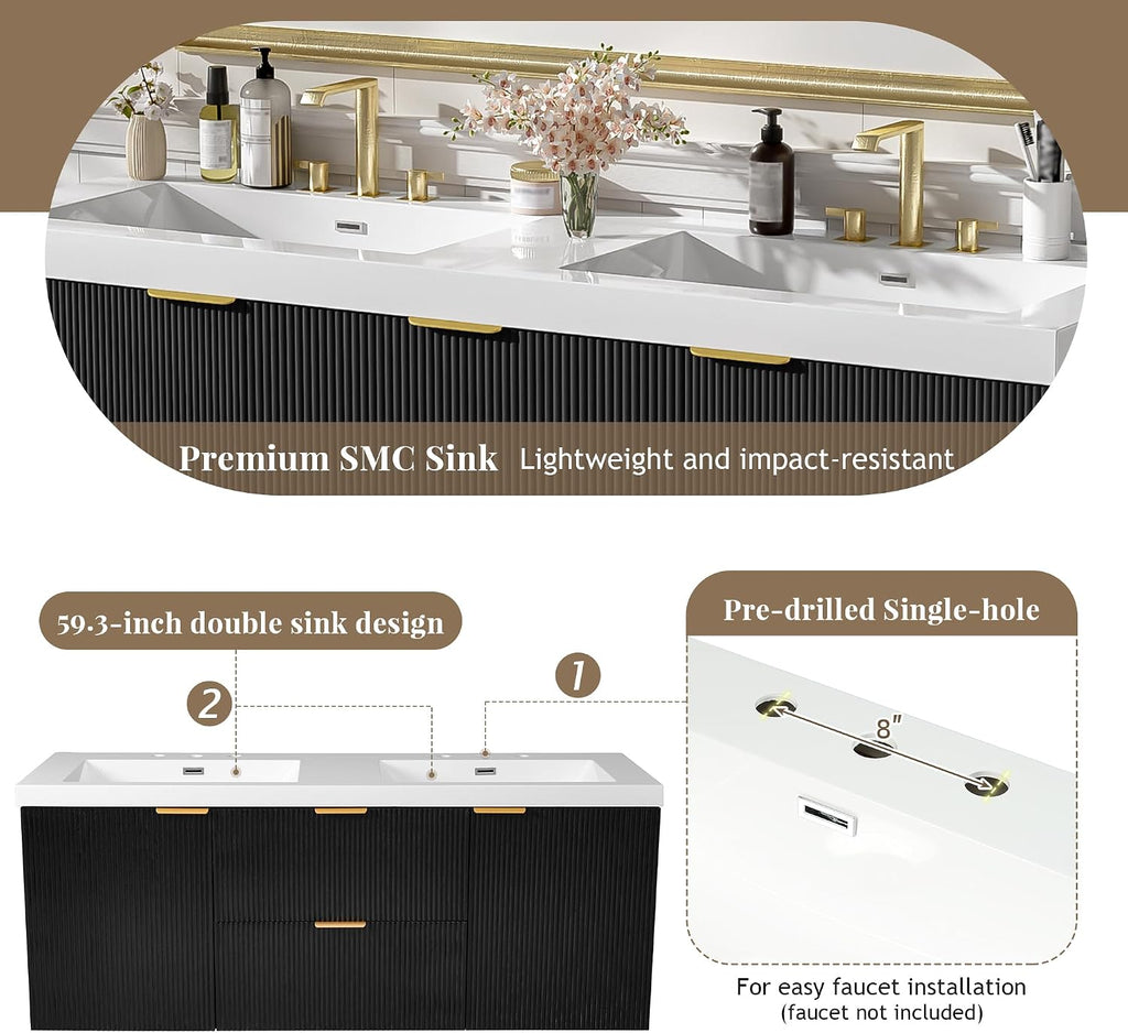 60' Bathroom Vanity with Sink Combo, Floating Double Sink Bathroom Vanity with SMC Resin Top, MDF Cabinet, Wall-Mounted Bath Room Vanities for Large Bathrooms (60''-Black)