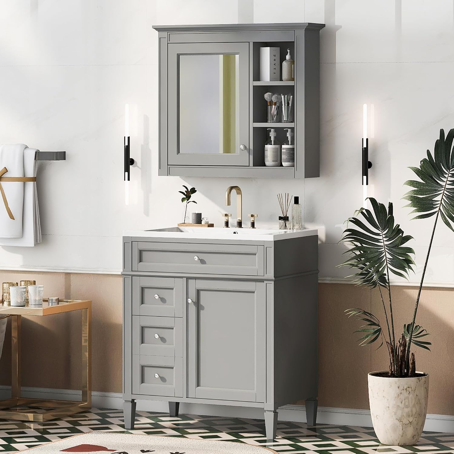 Merax 30' Bathroom Sink Vanity with Matching Medicine Cabinet Combo, Modern Bathroom Storage Cabinet, Freestanding Solid Wood Frame