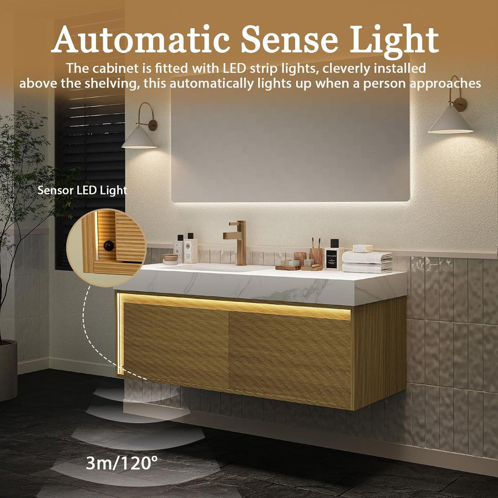 Eleshine 48' Floating Bathroom Vanity with Single Sink, Wall Mounted Cabinet with Sensor LED Light, Soft Close Drawer, Fluted Design, Carrara White Top, Light Oak, Pre-Assembled