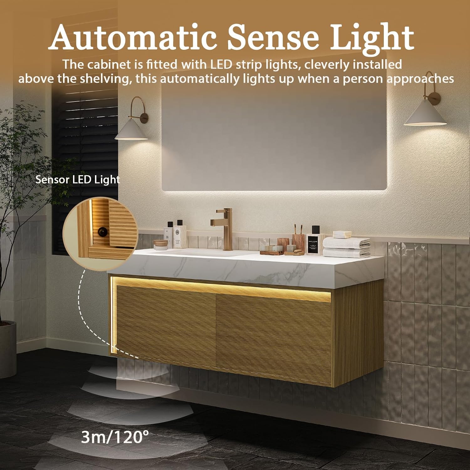 Eleshine 48' Floating Bathroom Vanity with Single Sink, Wall Mounted Cabinet with Sensor LED Light, Soft Close Drawer, Fluted Design, Carrara White Top, Light Oak, Pre-Assembled