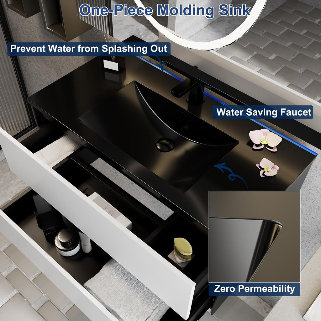 eclife 36' Bathroom Vanity Cabinet with Undermount Black Sink Combo, Wall Mounted Floating Bathroom Cabinet with Colors Mixed Style, 2 Big Drawers & Matte Black Faucet